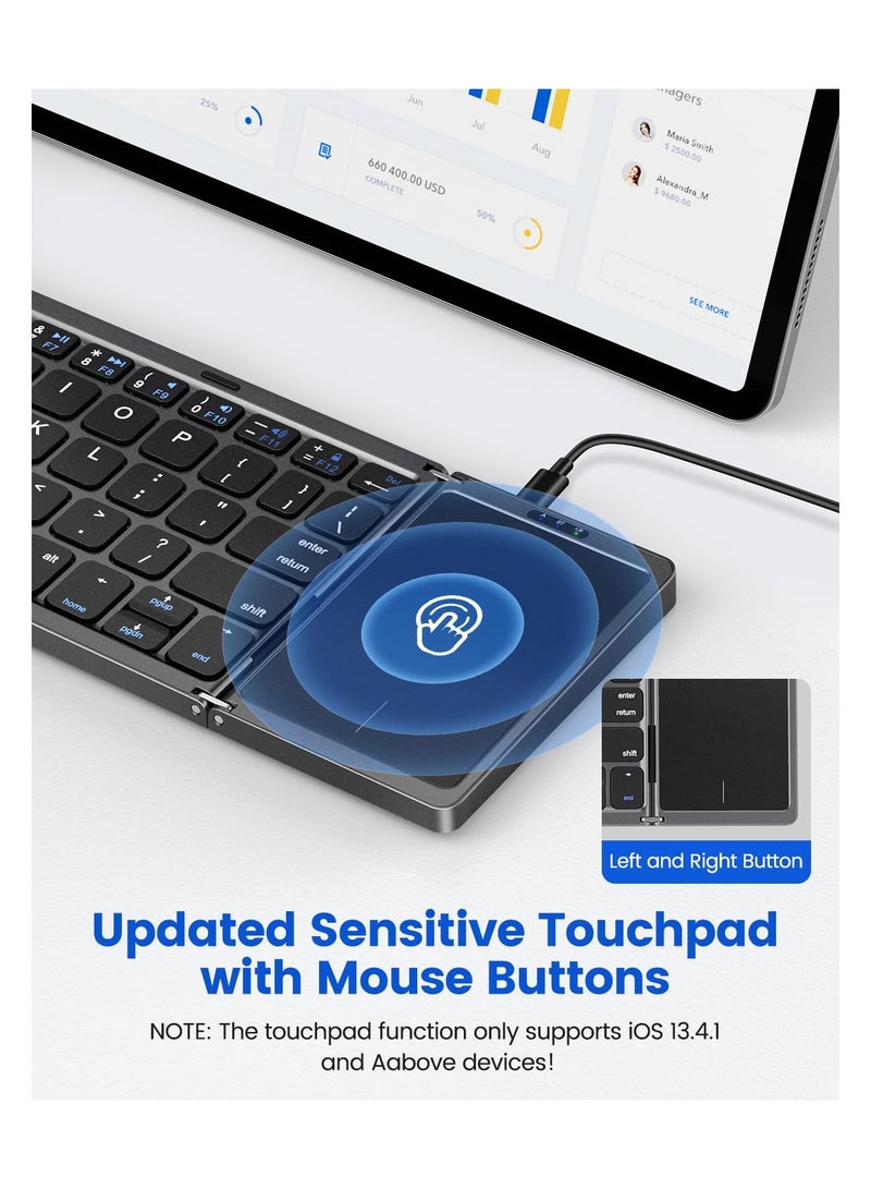 Arabic  English Foldable Bluetooth Keyboard with Touchpad, Rechargeable Wireless Portable Keyboard, Dual-Mode Bluetooth/USB Wired Pocket-Sized Travel Keyboard for i-O-S, Android, Windows, Mac OS - Image 3